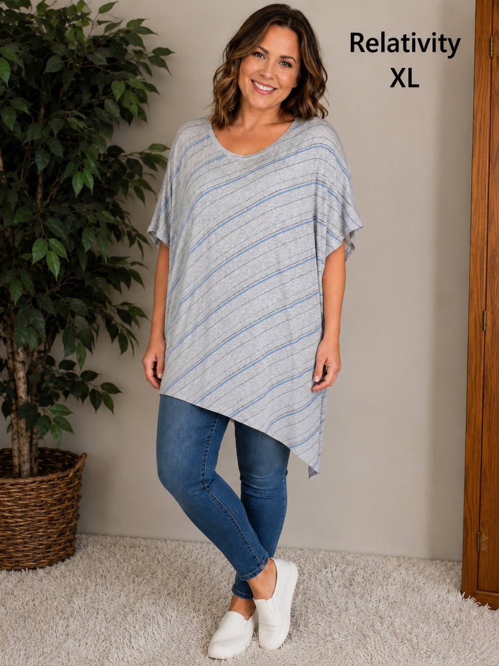 Relativity XL Gray Blue Stripe Asymmetrical Hem Oversized Tunic Top